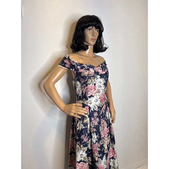 1990s Laura Ashley Floral Off-Shoulder Open Back Fit Flare Maxi navy Dress small - Picture 9 of 14